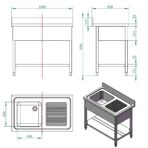 Sink table / 1 bowl left with drainboard, 1000 x 600 mm - slika 4