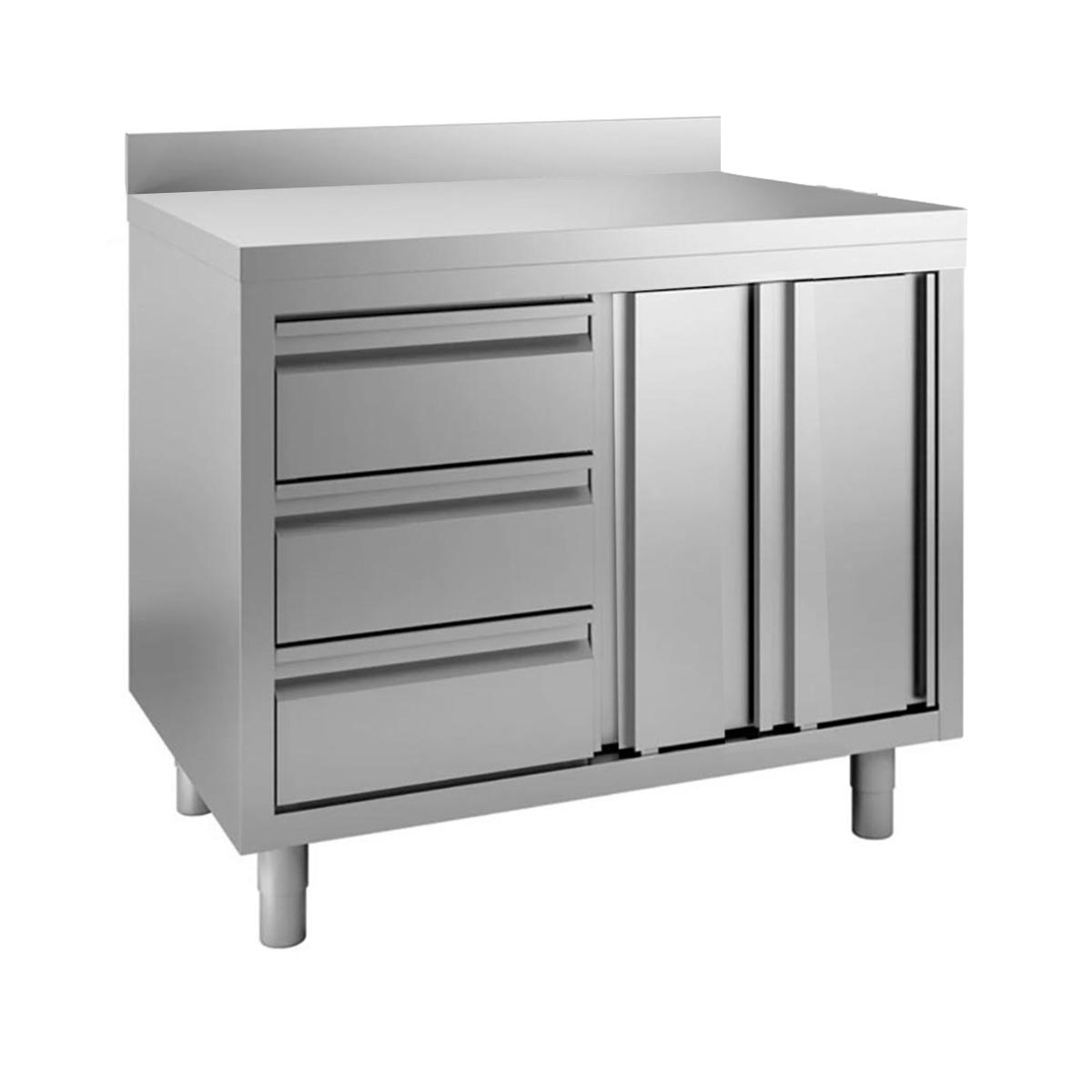 11497-1 TOPLINE work table with cabinet / 2 hinged doors, 3 drawers left & backsplash, 1400 x 700 mm - slika 1