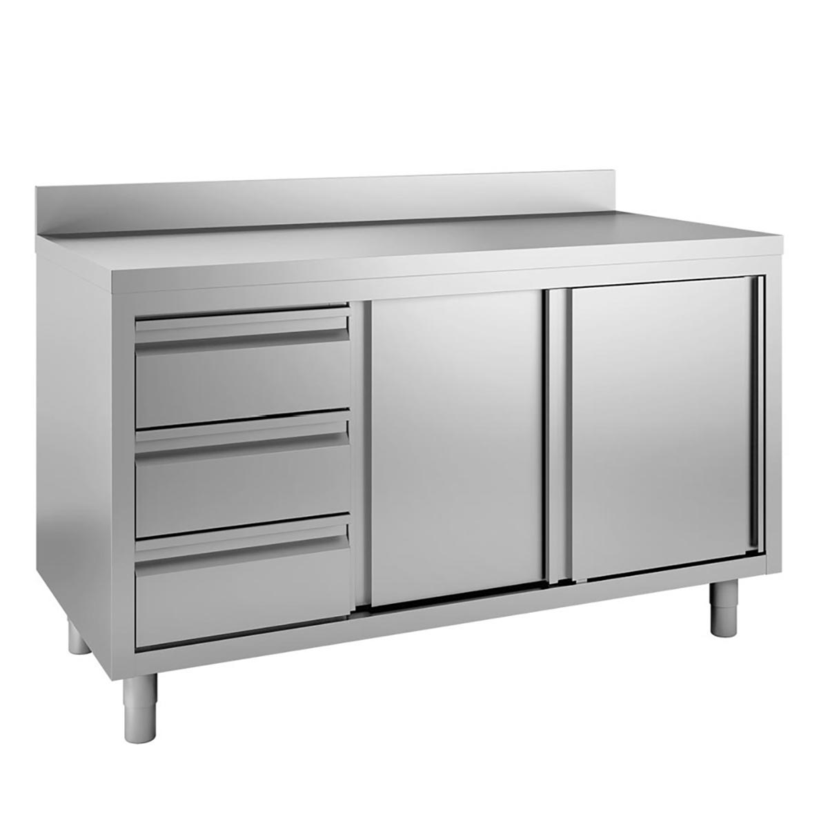 11502-1 TOPLINE work table with cabinet / 2 sliding doors, 3 drawers left & backsplash, 1600 x 700 mm - slika 1